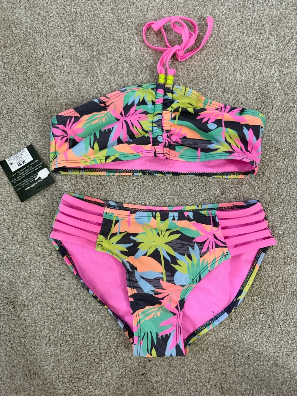NWT Girls Neon Tropical Bandeau Bikini Set - size 8
